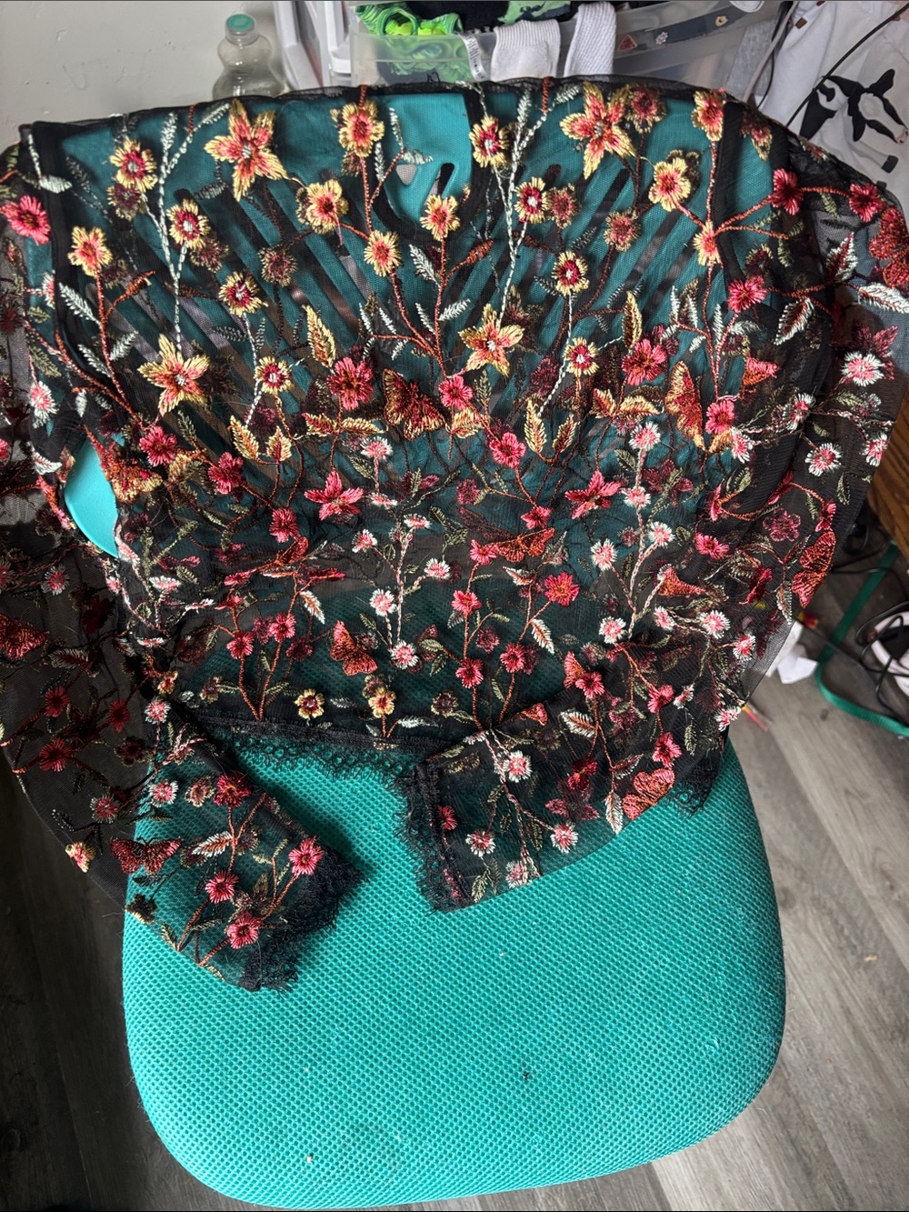 NSR Sheer Black Top with Red and Gold Floral Embroidery